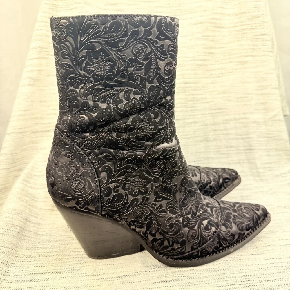 Jeffrey Campbell‎ Free People Black Leather Jacquard Embossed Ankle Boots 10